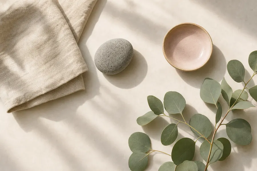 A calm desk with a journal, tea and soft botanicals